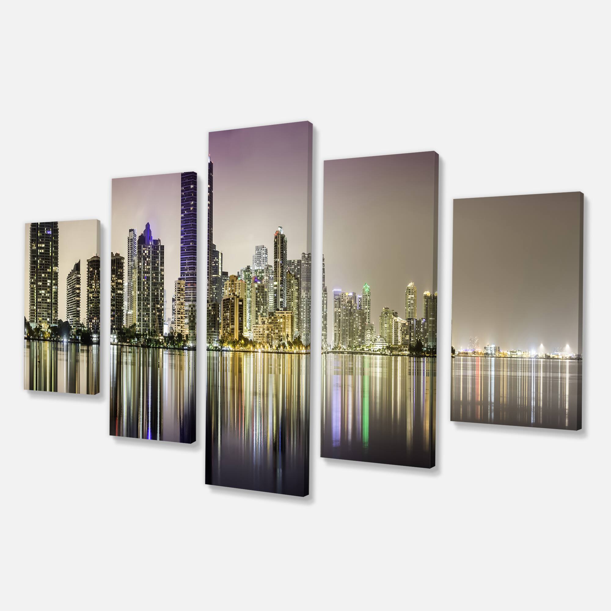 Designart - Miami Downtown Night Panorama - Purple - Extra Large Canvas Art Print